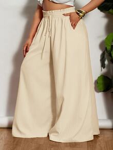 Veslaya Plus Size Women High Waist Wide Leg Palazzo Pants Fall - Apricot - View 6