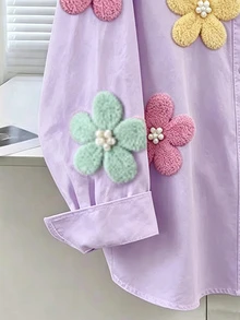 SHEIN Sparklyn 女童刺繡圖案運動衫上衣，秋季外套，春夏/秋季新款時尚少女穿著襯衫，時尚少女上衣，女童E - 彩色 - 查看 4