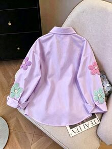 SHEIN Sparklyn 女童刺繡圖案運動衫上衣，秋季外套，春夏/秋季新款時尚少女穿著襯衫，時尚少女上衣，女童E - 彩色 - 查看 2