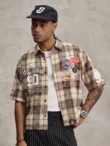 PAVTROS Men's Plus Size Letter Plaid Short Sleeve Single-Breasted Casual Shirt - Brown - View 1