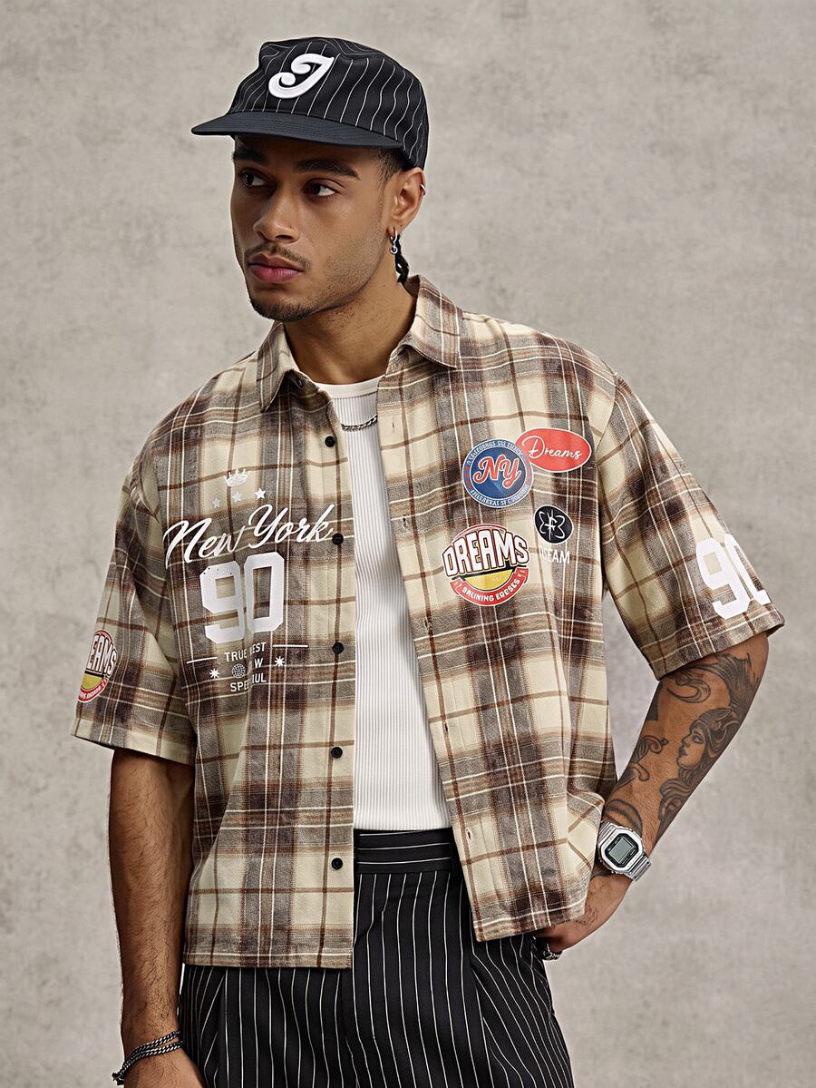 PAVTROS Men's Plus Size Letter Plaid Short Sleeve Single-Breasted Casual Shirt - Brown - View 1