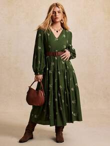 GlowEve CURVE Plus Size Women's French Style 3D Floral Embroidered V-Neck Lantern Sleeve Casual Loose Multi-Layer Tiered Dress, Suitable For Spring/Autumn Commuting, Outdoor Trips And Vacations - Green - View 4