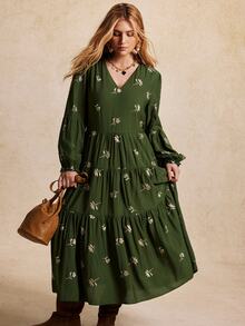 GlowEve CURVE Plus Size Women's French Style 3D Floral Embroidered V-Neck Lantern Sleeve Casual Loose Multi-Layer Tiered Dress, Suitable For Spring/Autumn Commuting, Outdoor Trips And Vacations - Green - View 5