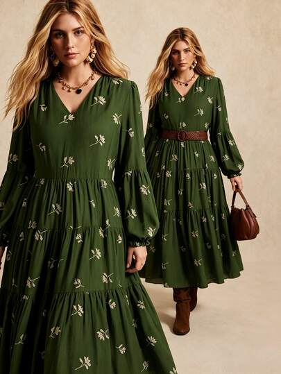 GlowEve CURVE Plus Size Women's French Style 3D Floral Embroidered V-Neck Lantern Sleeve Casual Loose Multi-Layer Tiered Dress, Suitable For Spring/Autumn Commuting, Outdoor Trips And Vacations