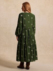 GlowEve CURVE Plus Size Women's French Style 3D Floral Embroidered V-Neck Lantern Sleeve Casual Loose Multi-Layer Tiered Dress, Suitable For Spring/Autumn Commuting, Outdoor Trips And Vacations - Green - View 2