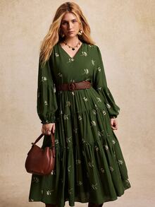 GlowEve CURVE Plus Size Women's French Style 3D Floral Embroidered V-Neck Lantern Sleeve Casual Loose Multi-Layer Tiered Dress, Suitable For Spring/Autumn Commuting, Outdoor Trips And Vacations - Green - View 1