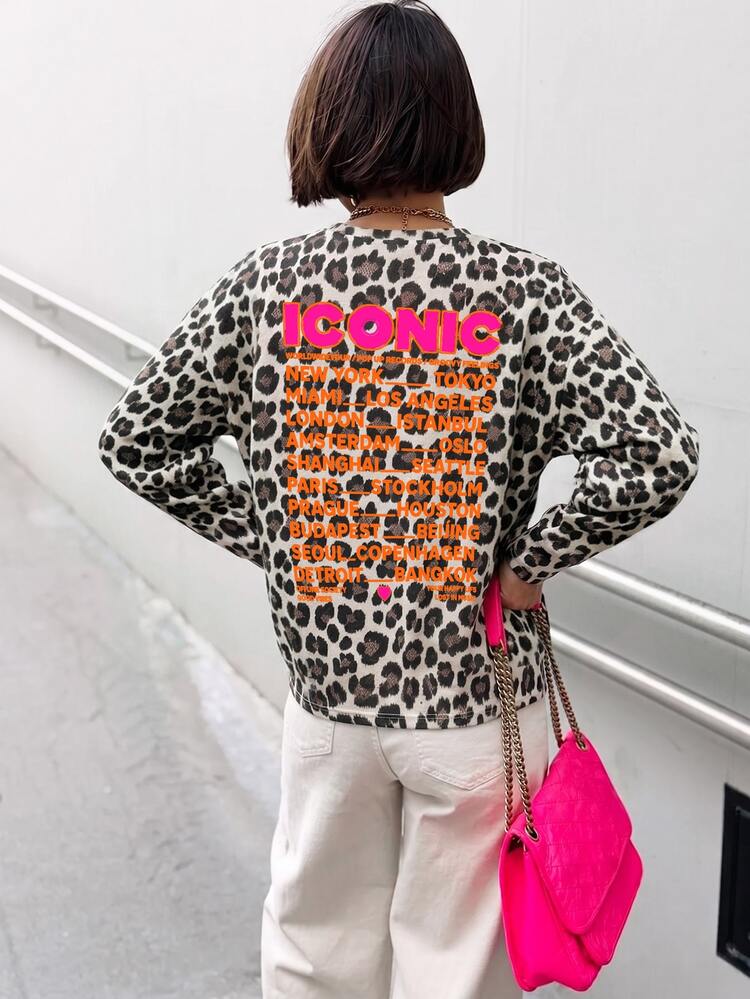 EMERY ROSE Women's Plus Size Leopard Print Crew Neck Tshirt,ICONIC City List Slogan Graphic Drop Shoulder Long Sleeve PulloverCasualFallStreetwearOversized Shirt - Multicolor - View 5