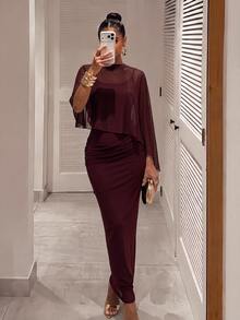Silquee Women's Solid Color Elegant Waist-Cinching Party Dress - Burgundy - View 3