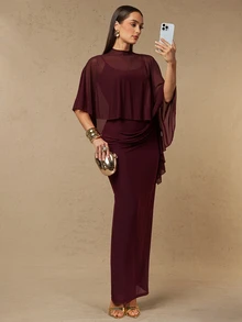Silquee Women's Solid Color Elegant Waist-Cinching Party Dress - Burgundy - View 4