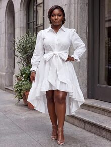 Veslaya Plus Size Women Shirt Dress, White Puff Sleeve Tie Waist Hi Lo Ruffle Hem Elegant Gown Fall - White - View 8