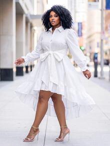Veslaya Plus Size Women Shirt Dress, White Puff Sleeve Tie Waist Hi Lo Ruffle Hem Elegant Gown Fall - White - View 5