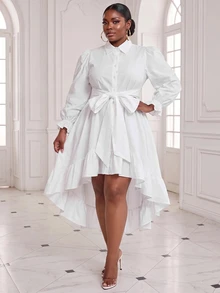 Veslaya Plus Size Women Shirt Dress, White Puff Sleeve Tie Waist Hi Lo Ruffle Hem Elegant Gown Fall - White - View 4