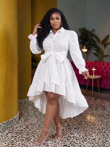 Veslaya Plus Size Women Shirt Dress, White Puff Sleeve Tie Waist Hi Lo Ruffle Hem Elegant Gown Fall - White - View 2