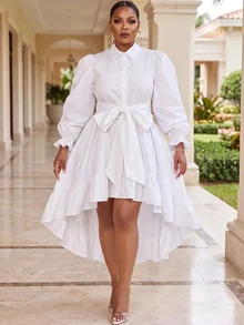 Veslaya Plus Size Women Shirt Dress, White Puff Sleeve Tie Waist Hi Lo Ruffle Hem Elegant Gown Fall - White - View 6