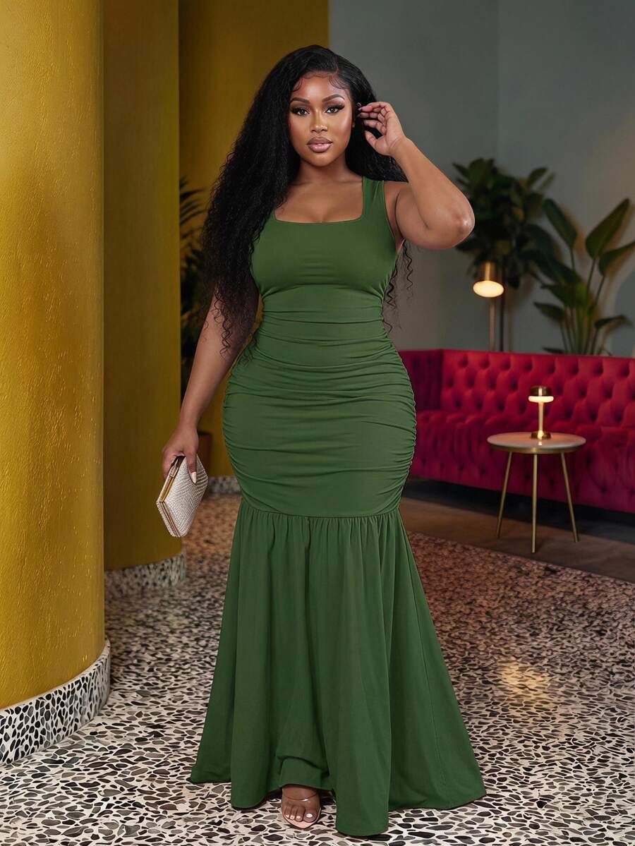 Slaydiva 春夏新款优雅连衣裙,适合派对、约会、婚礼、毕业典礼、晚宴、生日、家庭聚会、朋友外出、舞会等各种场合 - 白色无袖低领褶皱鱼尾喇叭裙摆,大码可选 - 軍綠色 - 查看 1