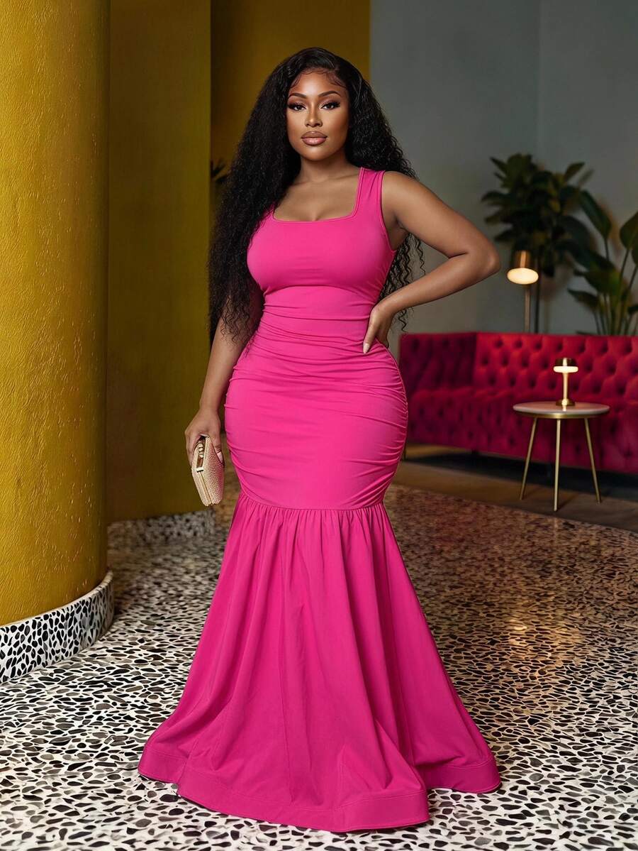 Veslaya Hot Pink,Summer,Elegant,Wedding Ninang Plus Size Mermaid Dress,Sleeveless Low Neck Ruched Hem Flared Silhouette Party Evening Graduation Event Dress - Hot Pink - View 1