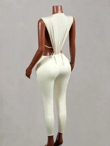 Mistrie Women's Solid Color Deep V-Neck Twist Design Cutout Sleeveless Sexy Tropical Jumpsuit Party Vacation Night Out Club Beige Summer - Apricot - View 5