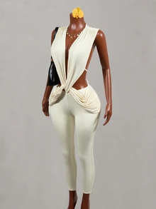 Mistrie Women's Solid Color Deep V-Neck Twist Design Cutout Sleeveless Sexy Tropical Jumpsuit Party Vacation Night Out Club Beige Summer - Apricot - View 9