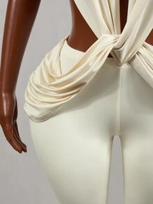 Mistrie Women's Solid Color Deep V-Neck Twist Design Cutout Sleeveless Sexy Tropical Jumpsuit Party Vacation Night Out Club Beige Summer - Apricot - View 4