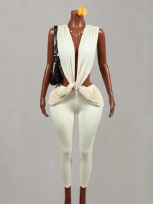 Mistrie Women's Solid Color Deep V-Neck Twist Design Cutout Sleeveless Sexy Tropical Jumpsuit Party Vacation Night Out Club Beige Summer - Apricot - View 2
