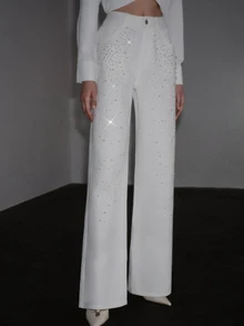 Anewsta Autumn Long Pants, Heavy Pearl & Rhinestone White High Waist Flared Women's Jeans - White - View 5