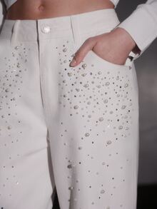 Anewsta Autumn Long Pants, Heavy Pearl & Rhinestone White High Waist Flared Women's Jeans - White - View 4