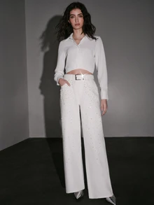 Anewsta Autumn Long Pants, Heavy Pearl & Rhinestone White High Waist Flared Women's Jeans - White - View 6