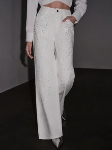 Anewsta Autumn Long Pants, Heavy Pearl & Rhinestone White High Waist Flared Women's Jeans - White - View 1