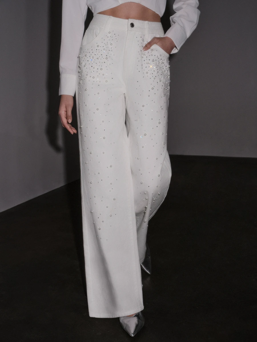 Anewsta Autumn Long Pants, Heavy Pearl & Rhinestone White High Waist Flared Women's Jeans - White - View 1