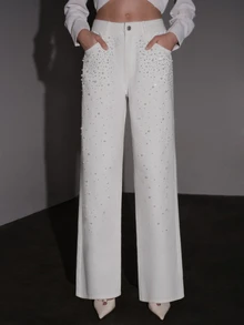Anewsta Autumn Long Pants, Heavy Pearl & Rhinestone White High Waist Flared Women's Jeans - White - View 3