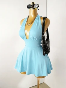 Mistrie Ladies' Summer Solid Color Sexy Vacation Backless Deep V-Neck Hanging Neck Strap Mini Light Blue Jumpsuit - Baby Blue - View 4