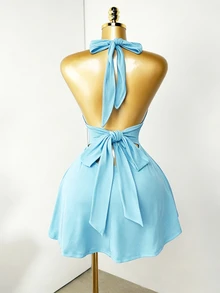 Mistrie Ladies' Summer Solid Color Sexy Vacation Backless Deep V-Neck Hanging Neck Strap Mini Light Blue Jumpsuit - Baby Blue - View 3