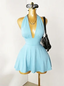 Mistrie Ladies' Summer Solid Color Sexy Vacation Backless Deep V-Neck Hanging Neck Strap Mini Light Blue Jumpsuit - Baby Blue - View 2