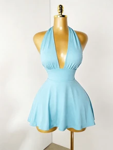 Mistrie Ladies' Summer Solid Color Sexy Vacation Backless Deep V-Neck Hanging Neck Strap Mini Light Blue Jumpsuit - Baby Blue - View 6