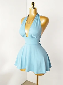 Mistrie Ladies' Summer Solid Color Sexy Vacation Backless Deep V-Neck Hanging Neck Strap Mini Light Blue Jumpsuit - Baby Blue - View 8