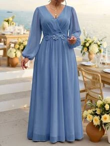 Fleurora Plus Size Elegant With 3D Floral Decoration Fall/Winter Dresses Wedding Guest Dress Elegant Long Party Dress Graduation Dress Ceremony Dresses - Dusty Blue - View 7