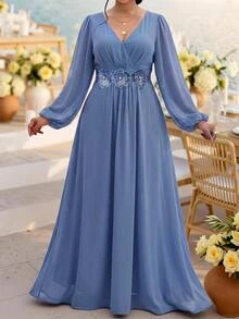 Fleurora Plus Size Elegant With 3D Floral Decoration Fall/Winter Dresses Wedding Guest Dress Elegant Long Party Dress Graduation Dress Ceremony Dresses - Dusty Blue - View 2