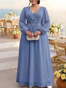 Fleurora Plus Size Elegant With 3D Floral Decoration Fall/Winter Dresses Wedding Guest Dress Elegant Long Party Dress Graduation Dress Ceremony Dresses - Dusty Blue - View 8