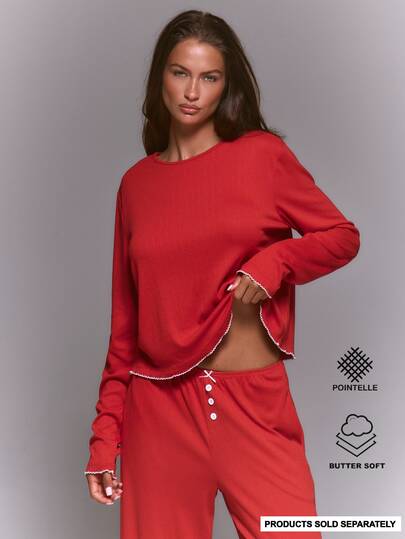 MUSERA Pointelle Crewneck Loose Fit Contrast Stitch Hem Coord Pajama Top Pajama Christmas Winter Autumn Fall Santa Baby