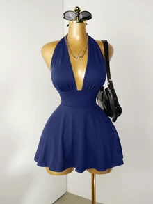 Mistrie Navy Blue Tight-Fitting Romper With Deep V-Neck, Backless Strap Party Going Out Night Out Club Summer Sexy Casual - Navy Blue - View 2