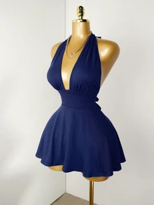 Mistrie Navy Blue Tight-Fitting Romper With Deep V-Neck, Backless Strap Party Going Out Night Out Club Summer Sexy Casual - Navy Blue - View 5