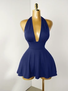 Mistrie Navy Blue Tight-Fitting Romper With Deep V-Neck, Backless Strap Party Going Out Night Out Club Summer Sexy Casual - Navy Blue - View 4