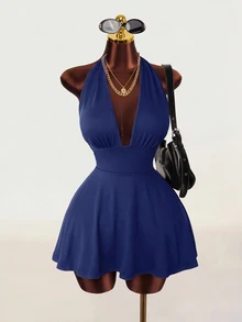 Mistrie Navy Blue Tight-Fitting Romper With Deep V-Neck, Backless Strap Party Going Out Night Out Club Summer Sexy Casual - Navy Blue - View 1