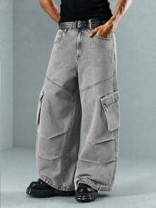 ROMWE MEN Street Life New American Snowflake Wash Distressed Loose Wide Leg Cargo Jeans Unisex Wrinkled Multi-Pocket Baggy Wasteland Style Floor-Length Pants Suitable For Daily Wear Versatile For Any Occasion All Seasons - Light Grey - View 6