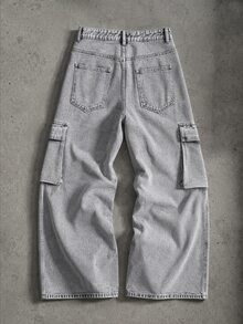 ROMWE MEN Street Life New American Snowflake Wash Distressed Loose Wide Leg Cargo Jeans Unisex Wrinkled Multi-Pocket Baggy Wasteland Style Floor-Length Pants Suitable For Daily Wear Versatile For Any Occasion All Seasons - Light Grey - View 2