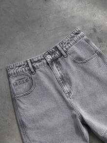 ROMWE MEN Street Life New American Snowflake Wash Distressed Loose Wide Leg Cargo Jeans Unisex Wrinkled Multi-Pocket Baggy Wasteland Style Floor-Length Pants Suitable For Daily Wear Versatile For Any Occasion All Seasons - Light Grey - View 3