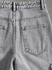 ROMWE MEN Street Life New American Snowflake Wash Distressed Loose Wide Leg Cargo Jeans Unisex Wrinkled Multi-Pocket Baggy Wasteland Style Floor-Length Pants Suitable For Daily Wear Versatile For Any Occasion All Seasons - Light Grey - View 5