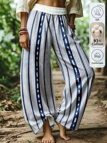 Elouméa Celana Panjang Katun Bergaris Motif Kasual untuk Liburan Wanita - Navy Blue - View 4