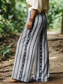 Elouméa Celana Panjang Katun Bergaris Motif Kasual untuk Liburan Wanita - Navy Blue - View 2