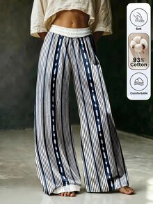 Elouméa Celana Panjang Katun Bergaris Motif Kasual untuk Liburan Wanita - Navy Blue - View 1